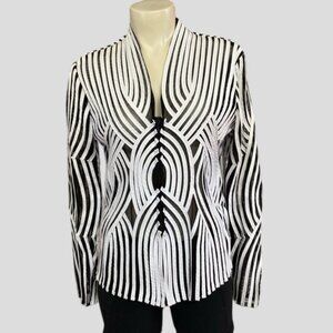 Vtg Alexandra Rosati Zip Up Black Stretch Mesh  White Stripe Details Blazer